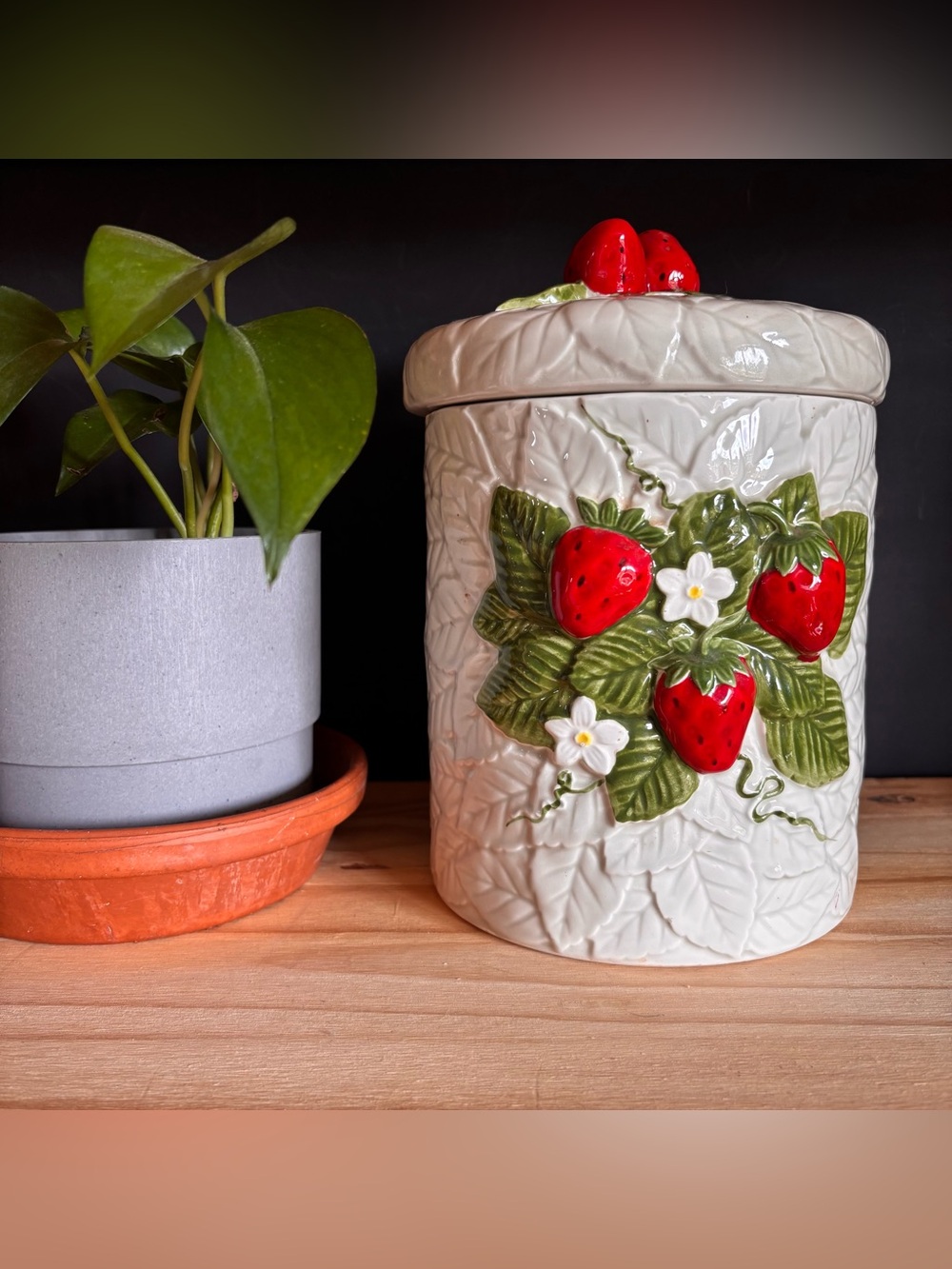 Vintage 1981 Sears & Roebuck Ceramic Strawberry Cookie Jar Canister MCM Retro